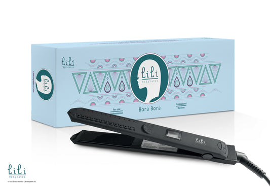 Lili Bora Bora 1" professional flat iron by Macolo — black iron in front of its teal Bora Bora printed carton