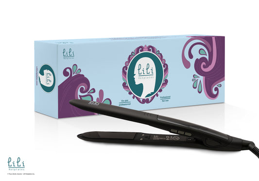 Lili Hotplates 1" professional flat iron by Macolo — black iron in front of its purple printed carton