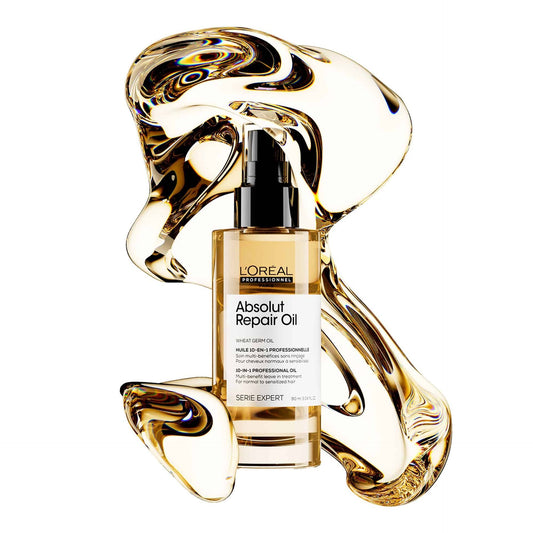 L'Oréal Professionnel Absolut Repair 10-in-1 Perfecting Oil — official hero shot of the 90 ml spray bottle with golden oil swirl
