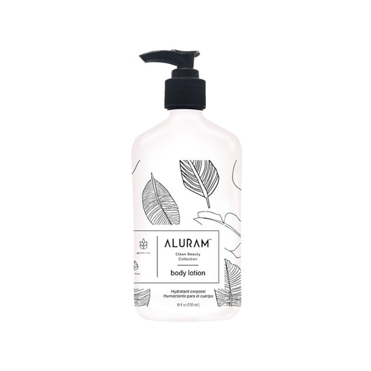 Aluram Clean Beauty Body Lotion — 532 ml (18 oz) pump bottle, leaf-pattern label, plain white background