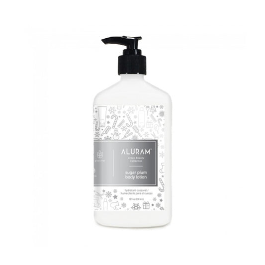 Aluram Sugar Plum Body Lotion — 532 ml pump bottle, silver-grey patterned seasonal label, plain white background