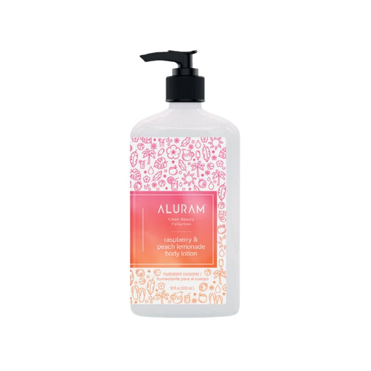 Aluram Raspberry and Peach Lemonade Body Lotion — 532 ml pump bottle, pink patterned seasonal label, plain white background