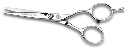 Jaguar JG1 5.5" hairdressing shear — polished side profile showing the JAGUAR JG1 5.5 blade engraving, plain background