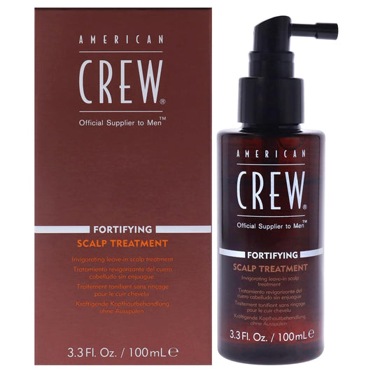 American Crew Fortifying Scalp Treatment — 100 ml spray bottle beside the front of its retail carton, both reading 3.3 Fl. Oz. / 100 mL