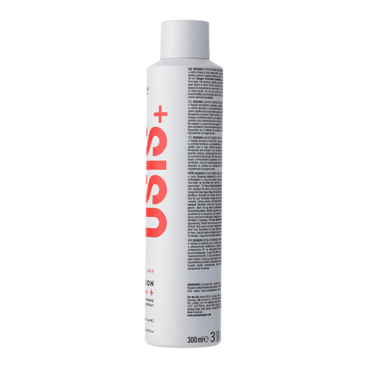OSiS+ Session Extra Strong Hold Hairspray — 300 ml white aerosol can, rear view with directions