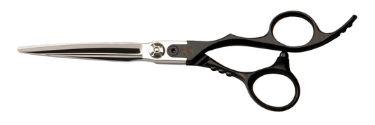 Massugu Hoshi 5" hairdressing shear — full side profile with black anodised handle and finger rest, engraved Massugu kanji mark, plain white background