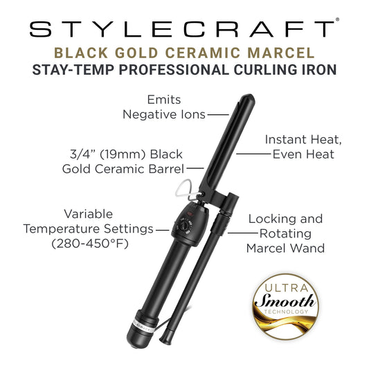 StyleCraft Stay-Temp Black Gold Marcel Curling Iron 3/4" – Professional