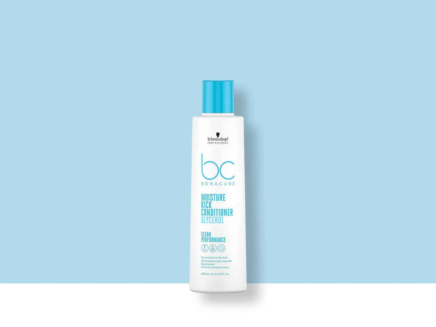 Bonacure Moisture Kick Conditioner — 200 ml bottle, 2021 Clean Performance livery, official brand tile on blue background
