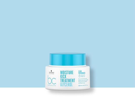 Bonacure Moisture Kick Treatment — 200 ml jar, 2021 Clean Performance livery, official brand tile on blue background