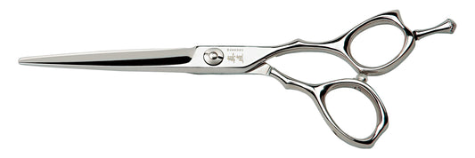 Massugu Wave 5.5" hairdressing shear — full side profile with cranked thumb ring, engraved Massugu kanji mark, plain white background