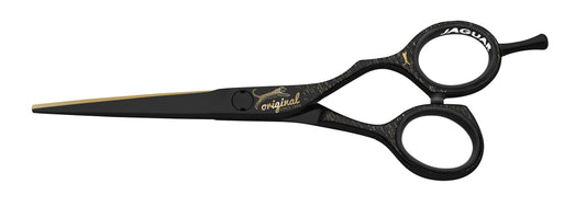 Jaguar Mod. 1932 85th Anniversary Edition 5.5" hairdressing shear — gloss black offset shear with gold blade edge and gold brush-stroke decoration, on white