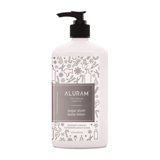 Aluram Sugar Plum Body Lotion — 532 ml pump bottle close view, sugar plum label, white background