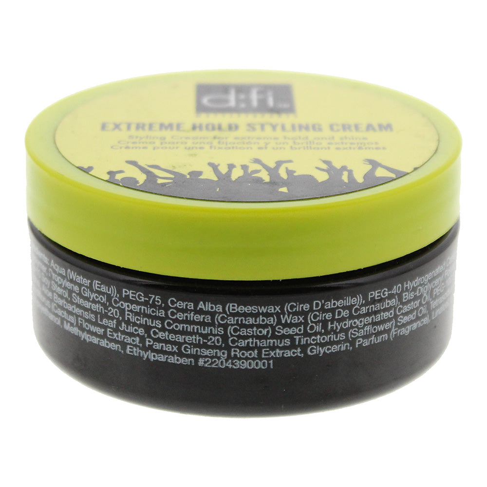 D:Fi Extreme Hold Styling Cream — photograph of the closed jar showing the lime-green lid and the ingredient panel on the black base