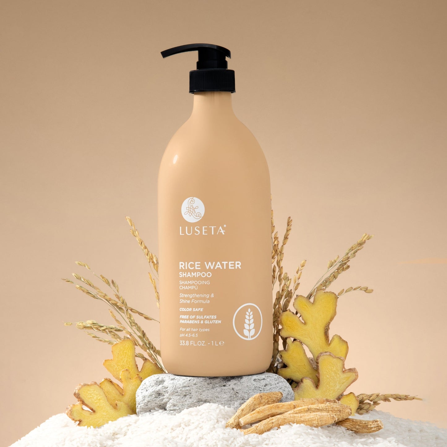 Luseta Beauty Rice Water Strengthening Shampoo - 33.8 fl oz / 1 L bottle, front label, rice stalks on beige background
