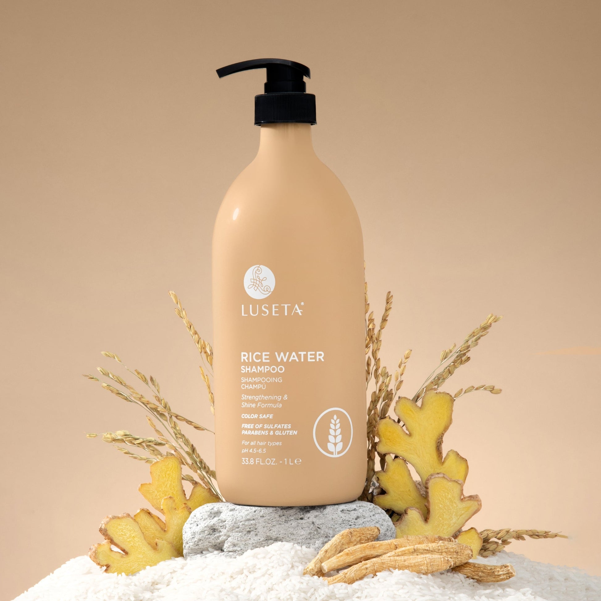 Luseta Beauty Rice Water Strengthening Shampoo - 33.8 fl oz / 1 L bottle, front label, rice stalks on beige background