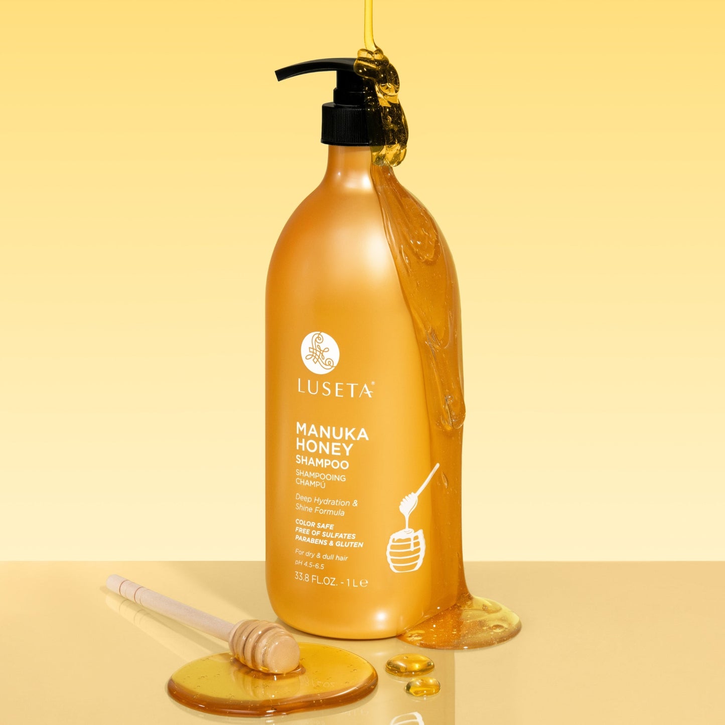 Luseta Beauty Manuka Honey Nourishing Shampoo - 33.8 fl oz / 1 L bottle, front label, honey dipper on amber background