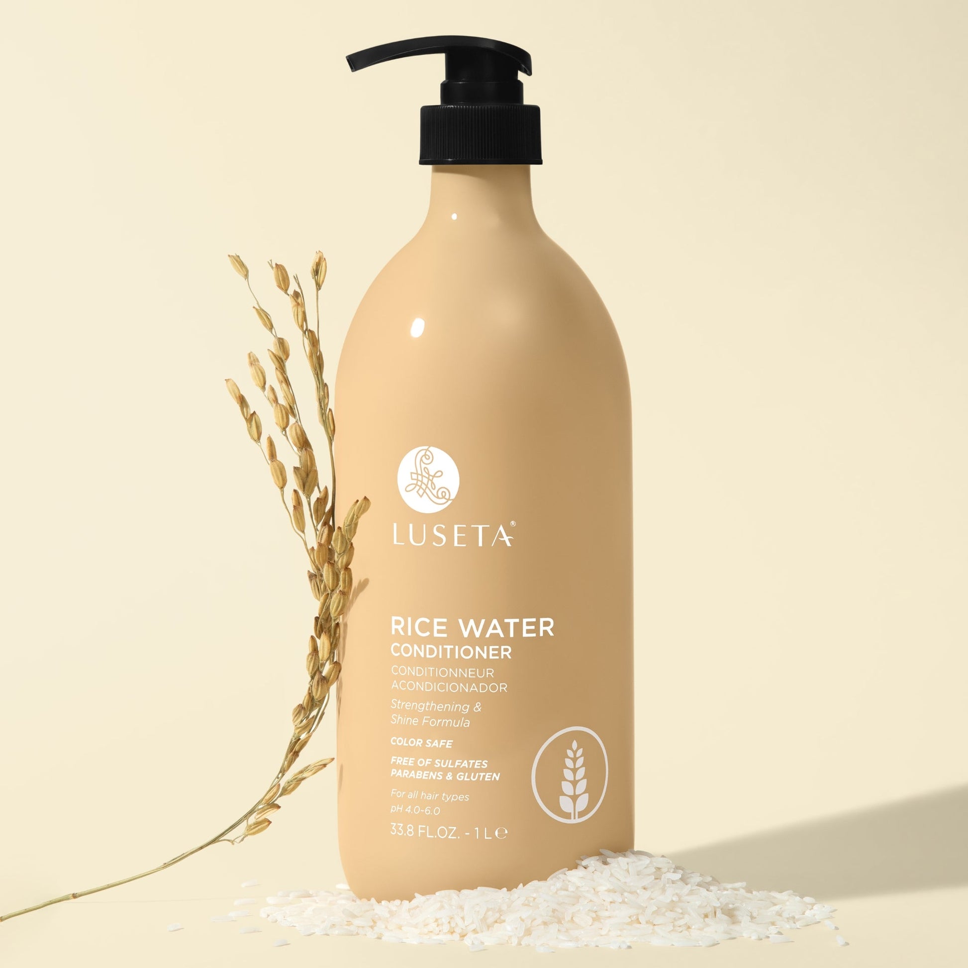 Luseta Beauty Rice Water Strengthening Conditioner - 33.8 fl oz / 1 L bottle, front label, rice stalks on cream background