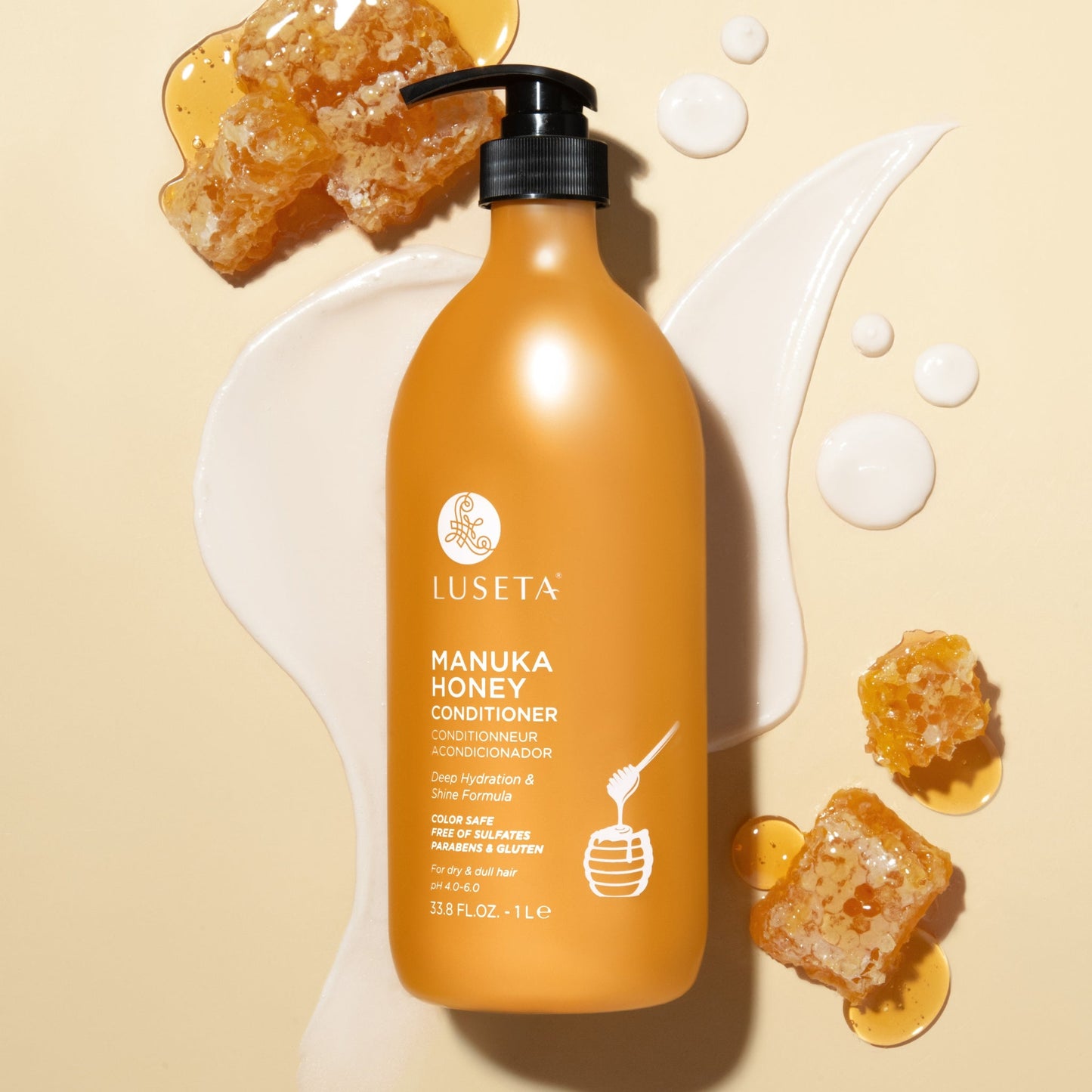 Luseta Beauty Manuka Honey Nourishing Conditioner - 33.8 fl oz / 1 L bottle, front label, honeycomb on cream background