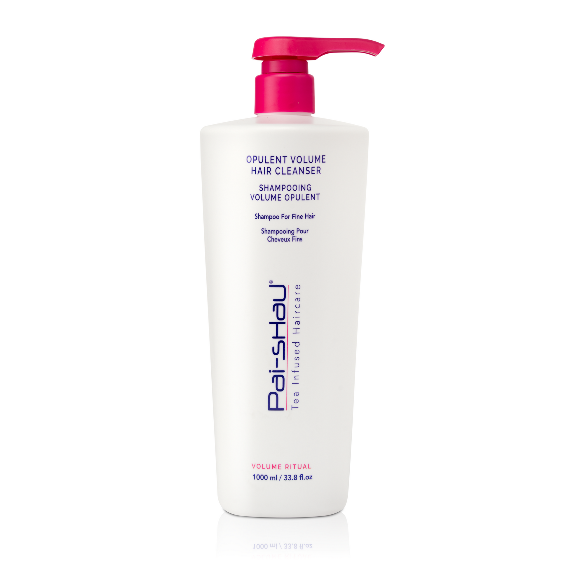 Pai-Shau Volumizing Shampoo — new-livery white 1 L pump bottle with pink cap, front label, plain white background