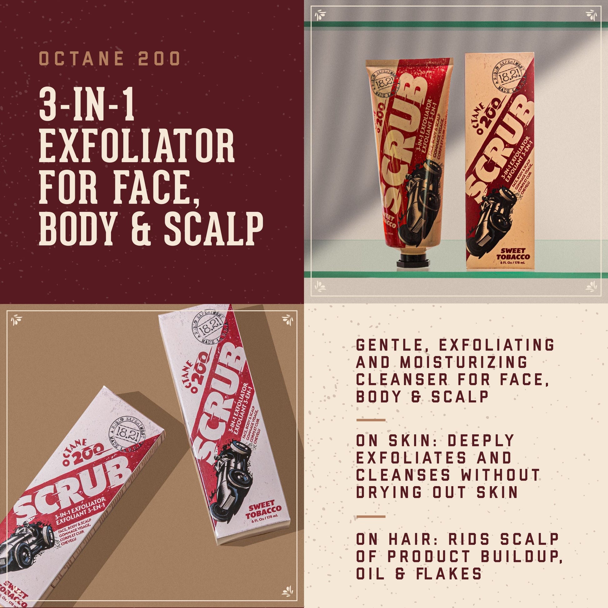 18.21 Man Made Octane 200 Scrub — 3-in-1 exfoliator benefits overview