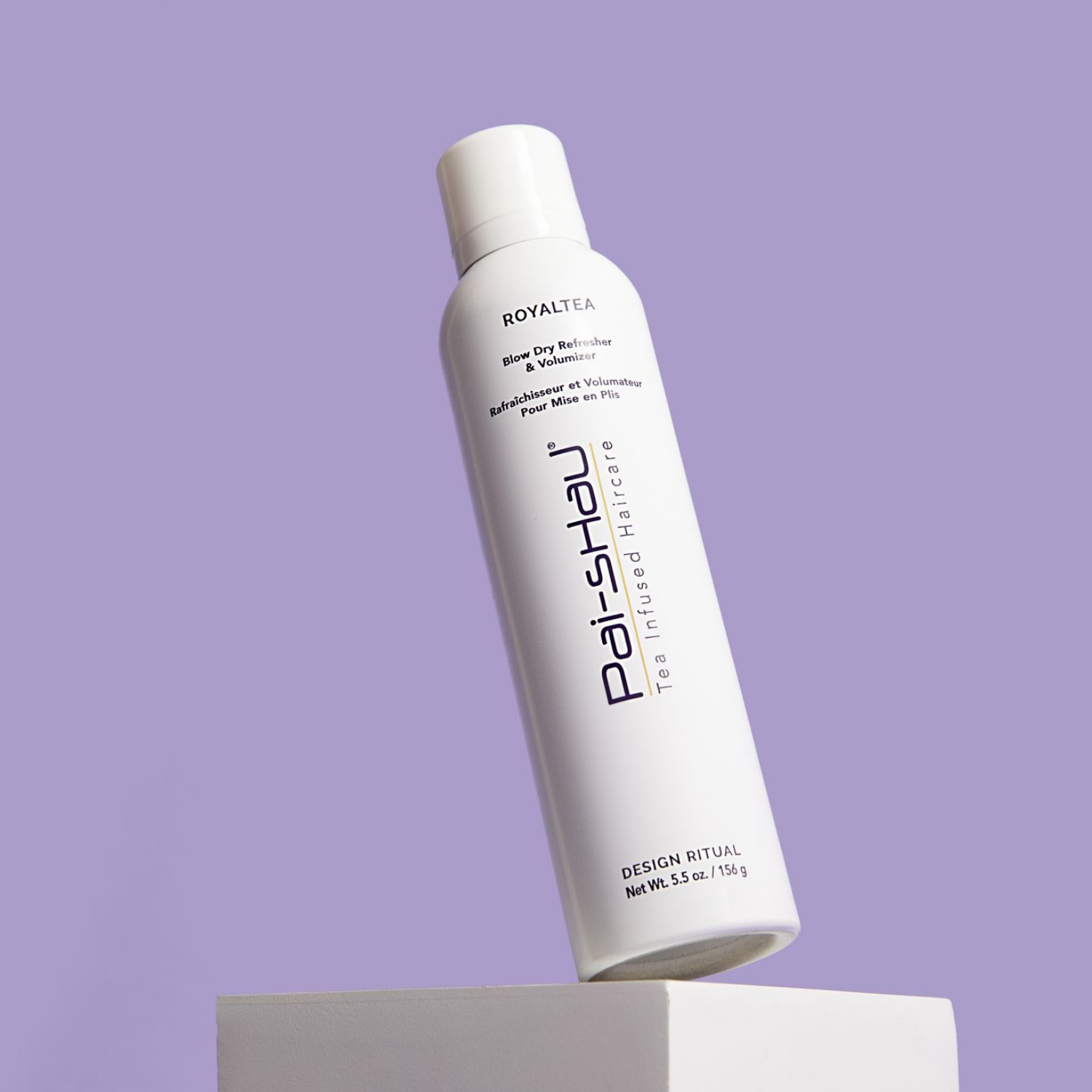 Pai-Shau Dry Shampoo — RoyalTEA 156 g can on a lilac plinth