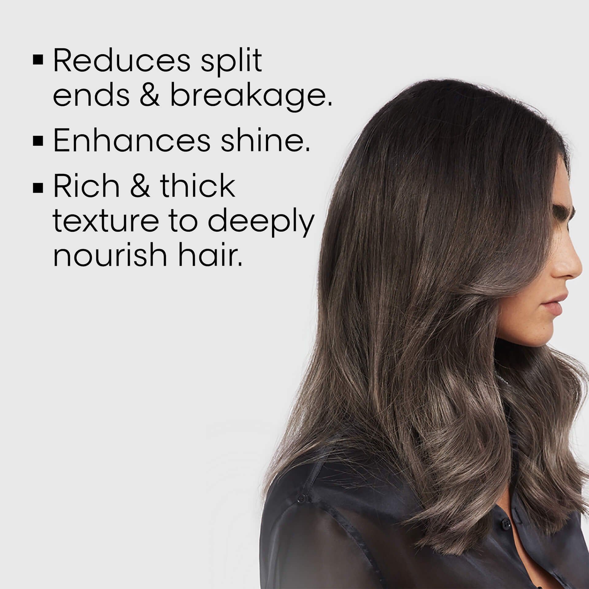 L'Oréal Professionnel Pro Longer Ampoule — official benefit card: reduces split ends and breakage, enhances shine, rich and thick texture