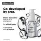 L'Oréal Professionnel Steampod Protective Smoothing Serum — official claim card: co-developed by pros, shinier and smoother hair for up to 5 shampoos, all hair types