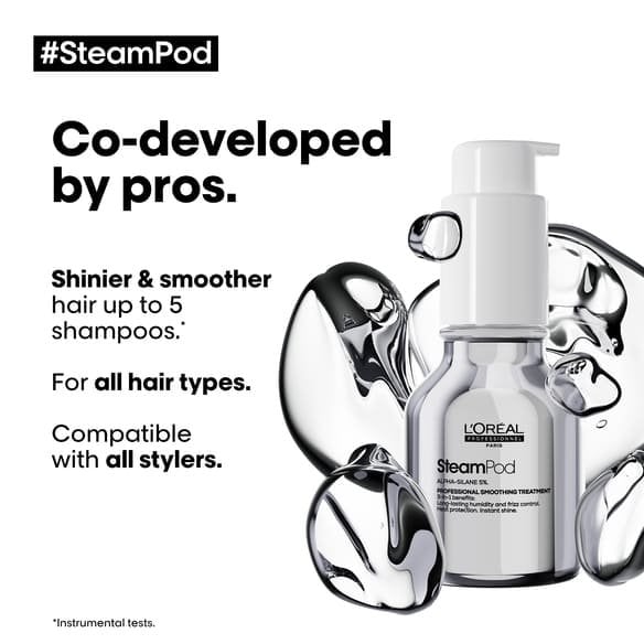 L'Oréal Professionnel Steampod Protective Smoothing Serum — official claim card: co-developed by pros, shinier and smoother hair for up to 5 shampoos, all hair types