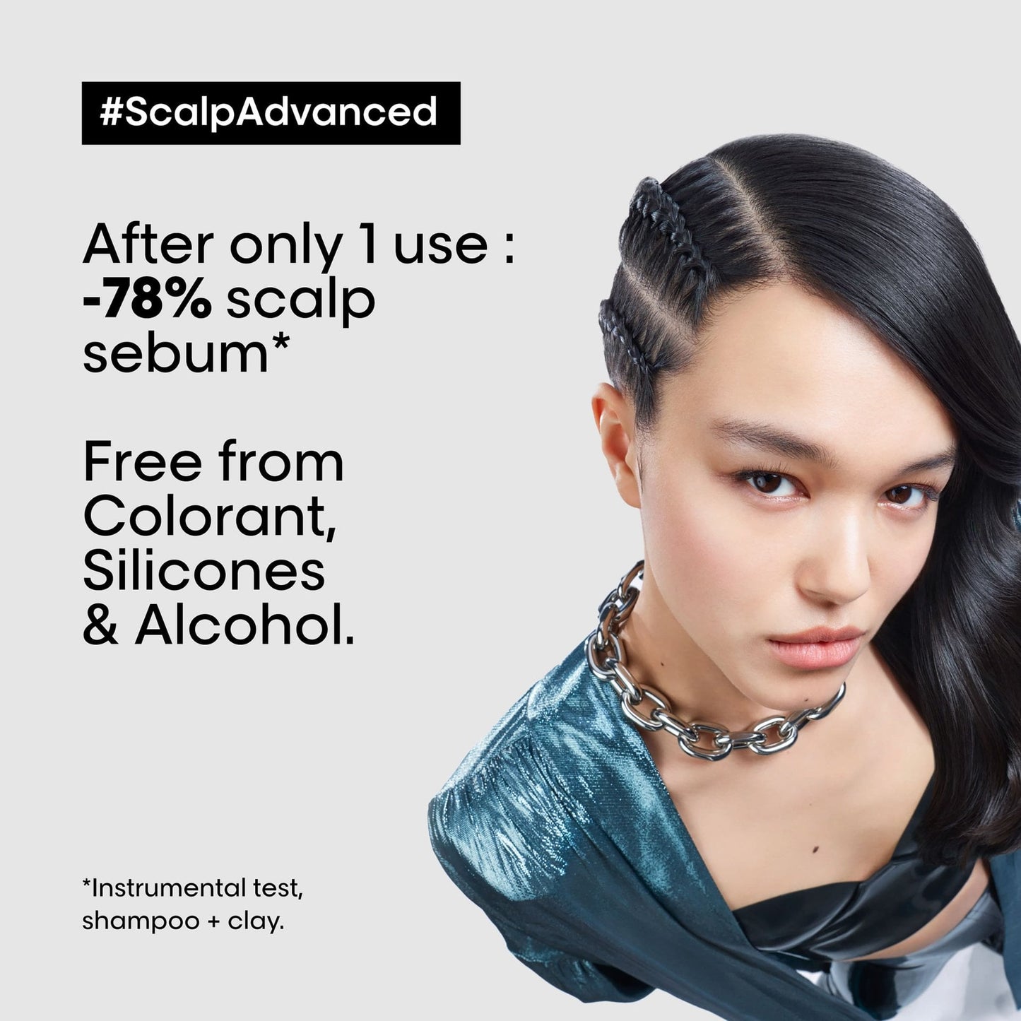 L'Oréal Professionnel Scalp Advanced Anti-Oiliness Dermo-Purifier Shampoo — official claim card: 78% less scalp sebum after one use, free from colorant, silicones and alcohol