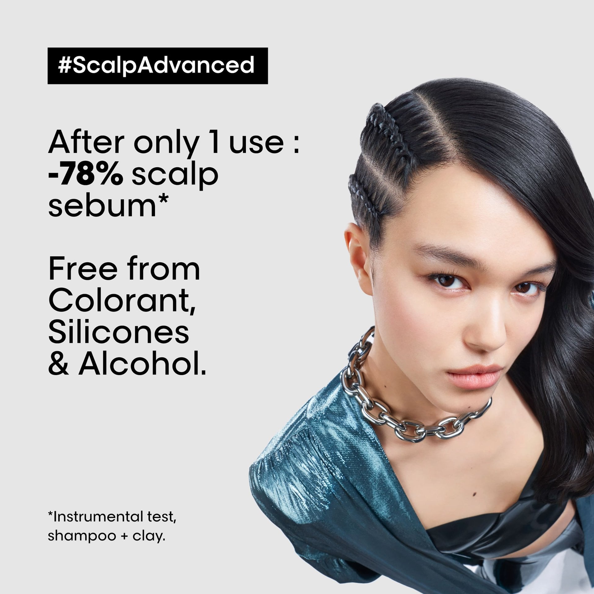 L'Oréal Professionnel Scalp Advanced Anti-Oiliness Dermo-Purifier Shampoo — official claim card: 78% less scalp sebum after one use, free from colorant, silicones and alcohol