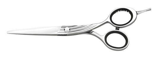 Jaguar 5.5" offset-branch hairdressing shear — polished side profile with offset handle and finger rest, plain background