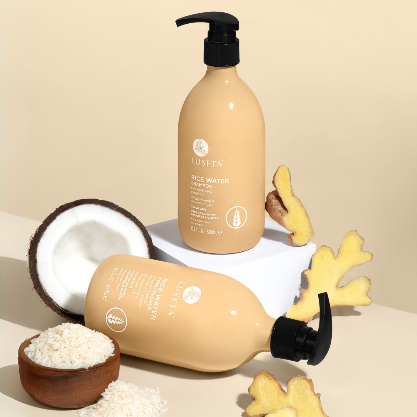 Luseta Beauty Rice Water Shampoo & Conditioner Duo - both 16.9 fl oz / 500 ml bottles with rice, ginger and coconut