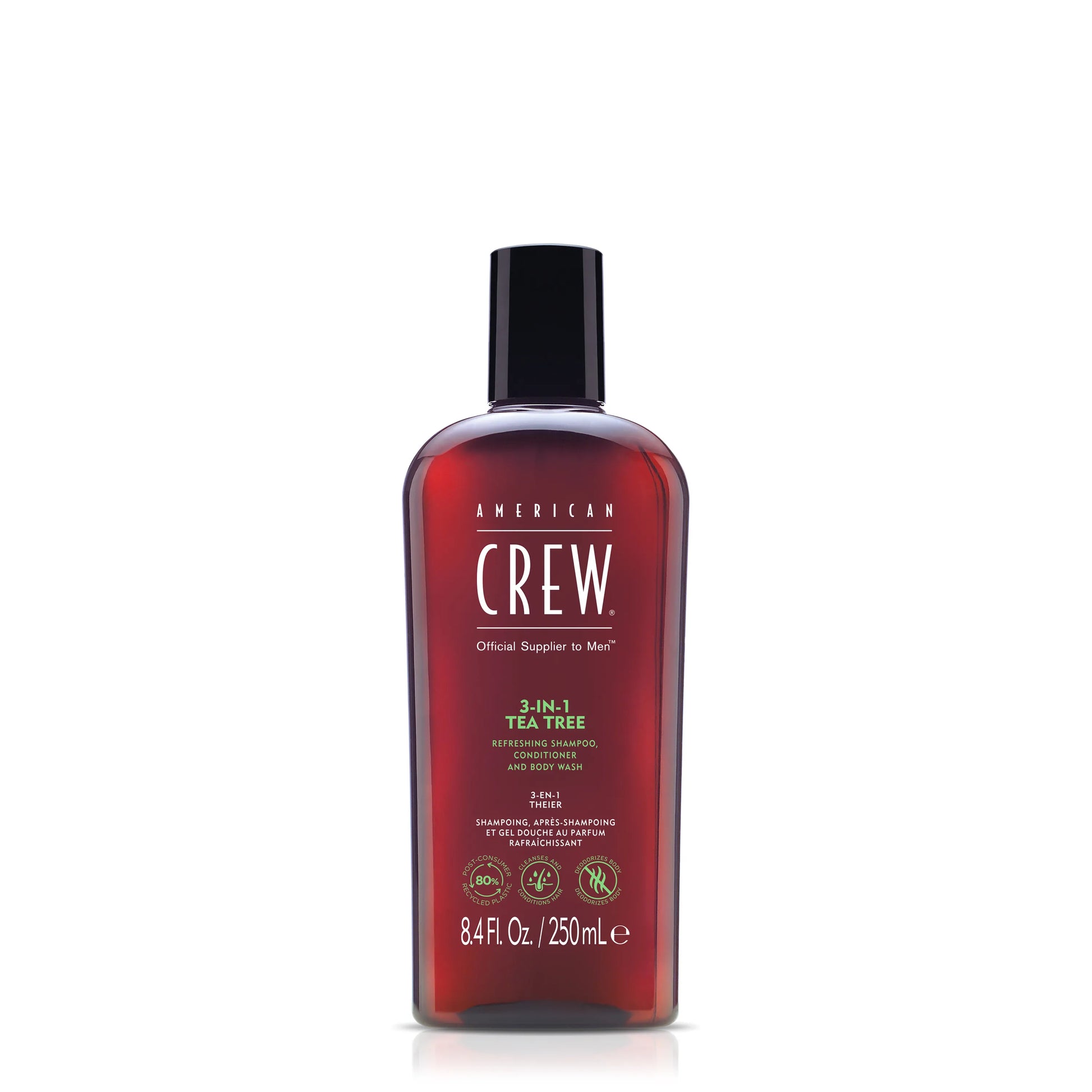 American Crew 3-in-1 Tea Tree — 250 ml bottle, front label reading 3-IN-1 TEA TREE, 8.4 Fl. Oz. / 250 mL, on a plain white background