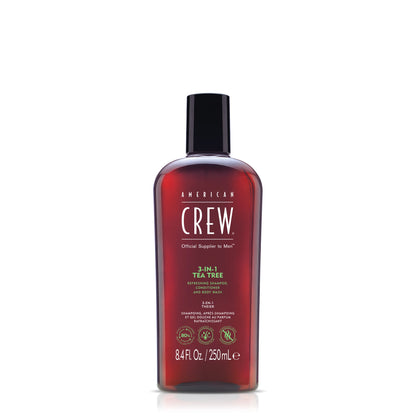 American Crew 3-in-1 Tea Tree — 250 ml bottle, front label reading 3-IN-1 TEA TREE, 8.4 Fl. Oz. / 250 mL, on a plain white background
