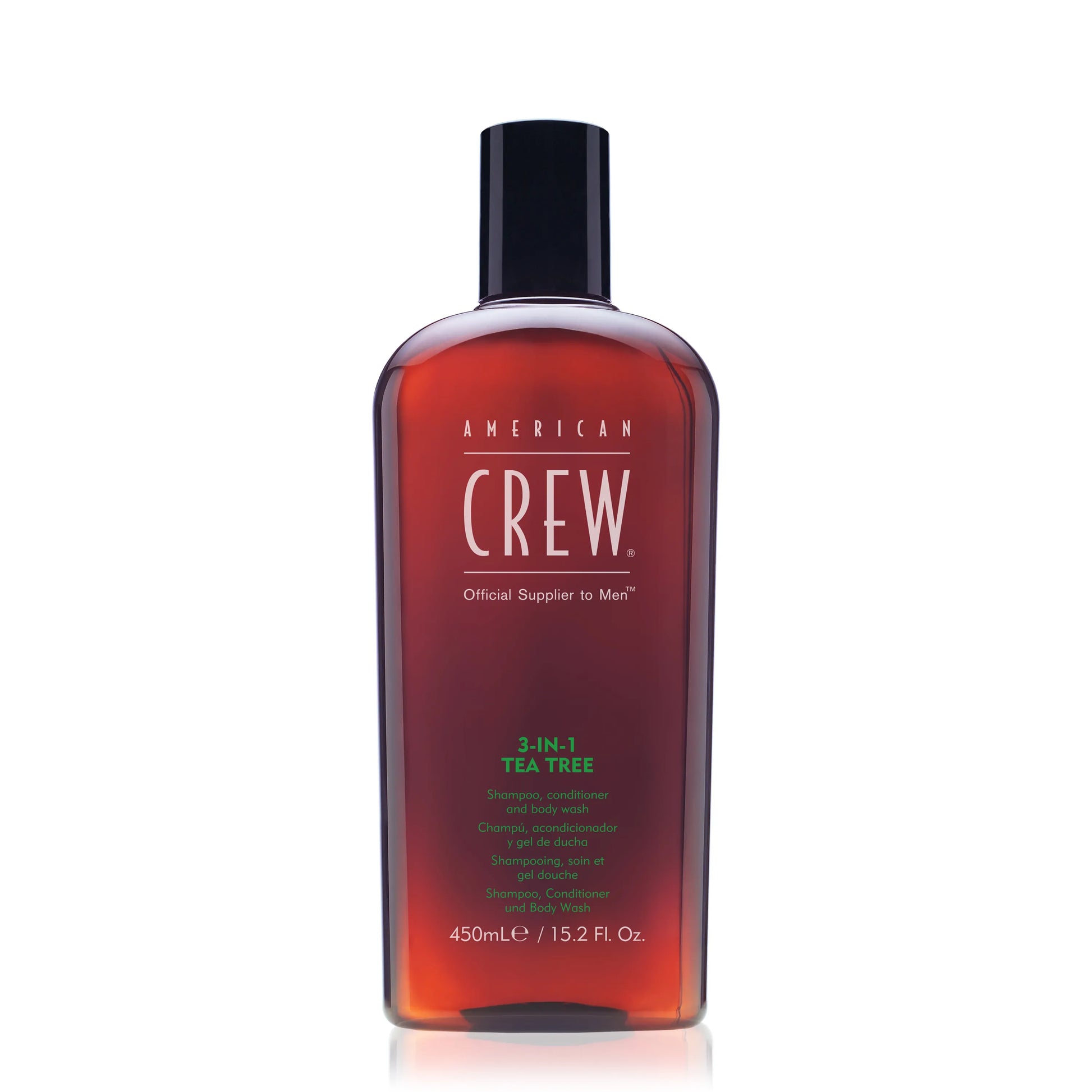 American Crew 3-in-1 Tea Tree — 450 ml bottle, front label reading 3-IN-1 TEA TREE, 450 mL / 15.2 Fl. Oz., on a plain white background