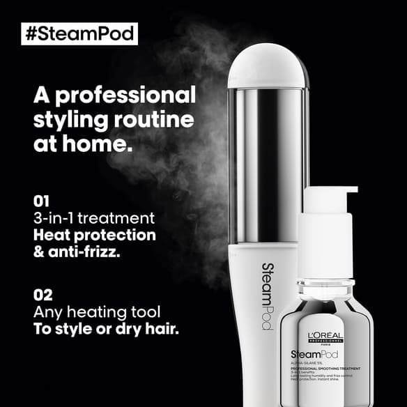 L'Oréal Professionnel Steampod Protective Smoothing Serum — official card showing the serum used with the Steampod straightener as a professional at-home styling routine