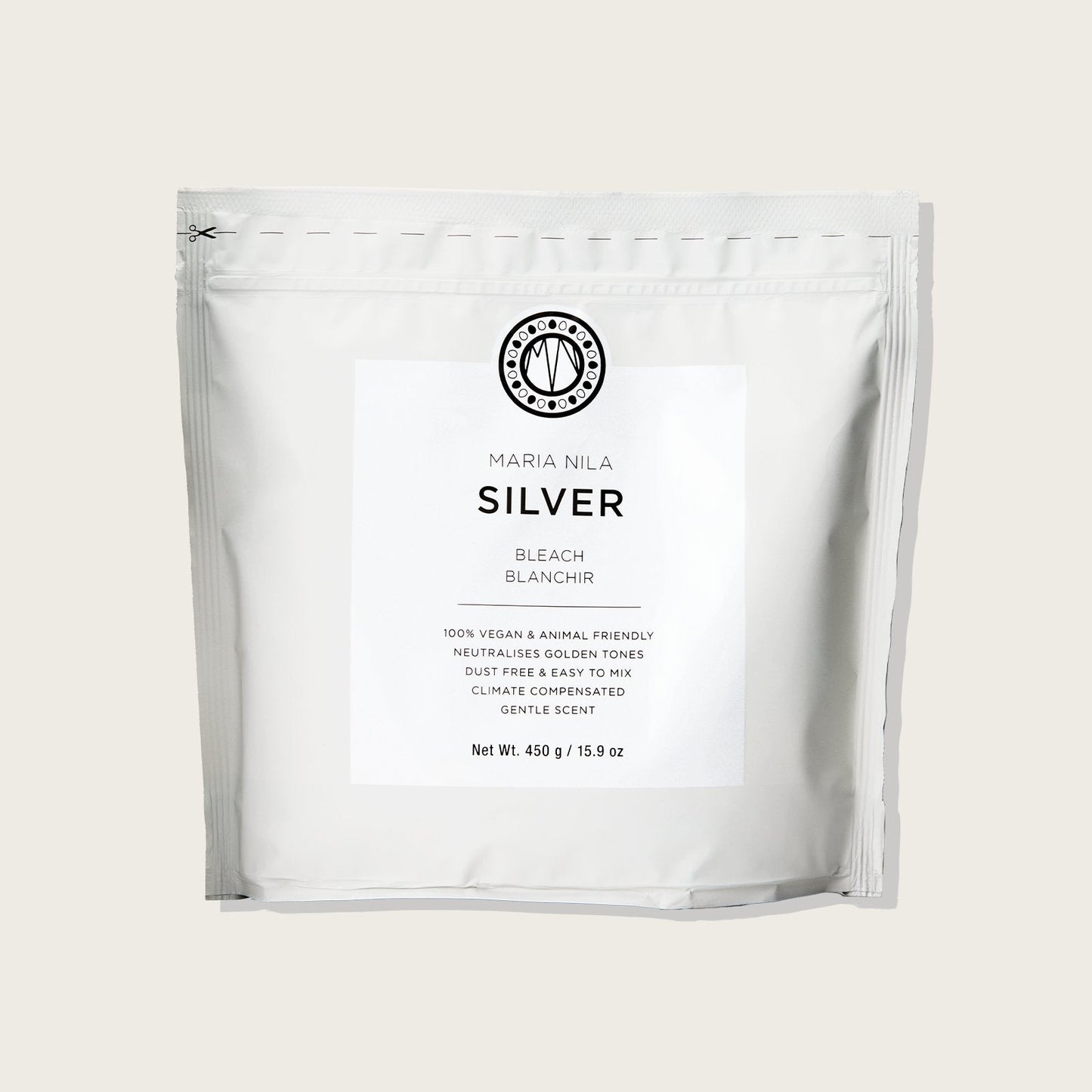 Maria Nila Silver Bleach with Violet Pigments for Anti-Yellow Effect — 450 g Refill Bag bottle, front label, plain background