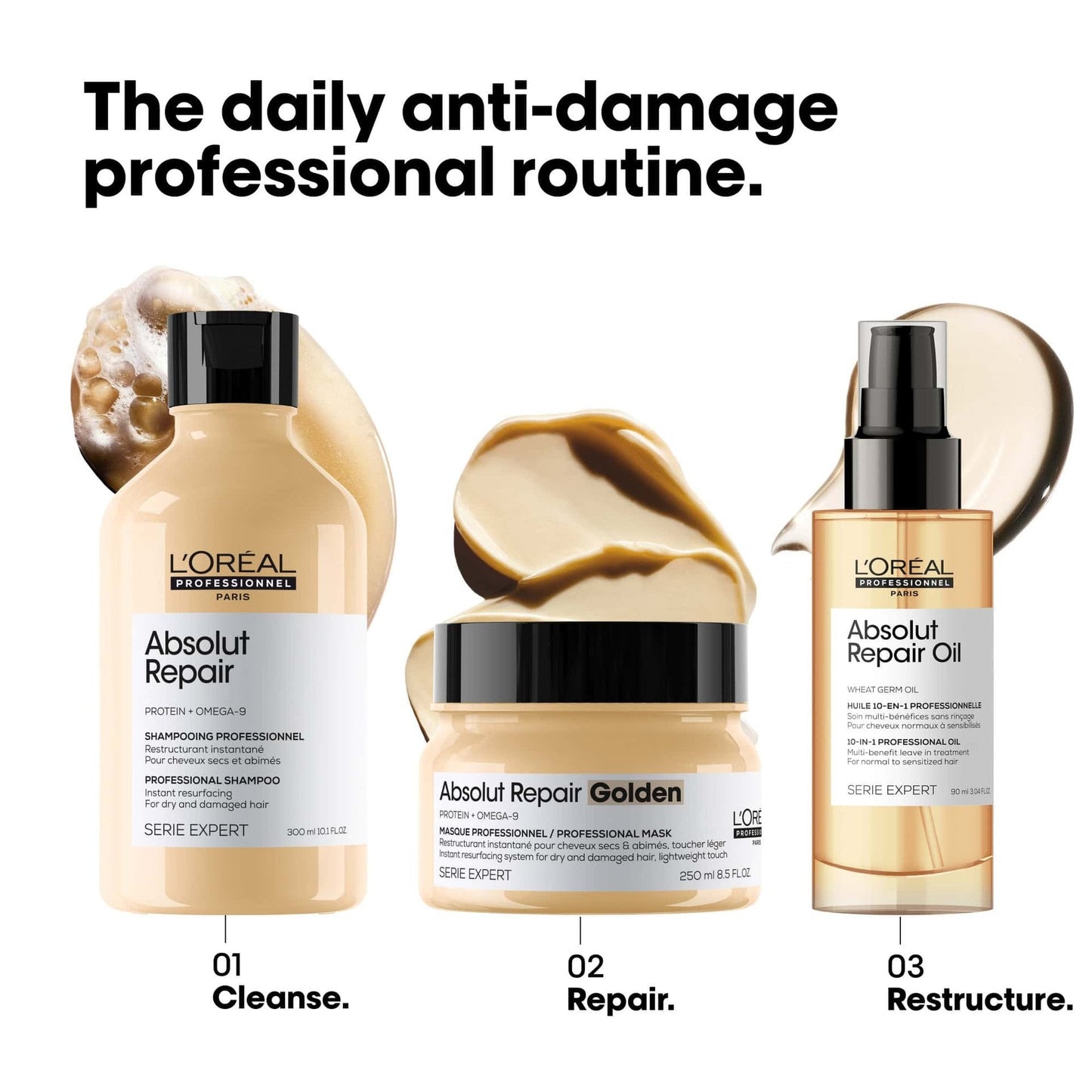 L'Oréal Professionnel Absolut Repair Shampoo — official daily anti-damage professional routine: cleanse, repair, restructure