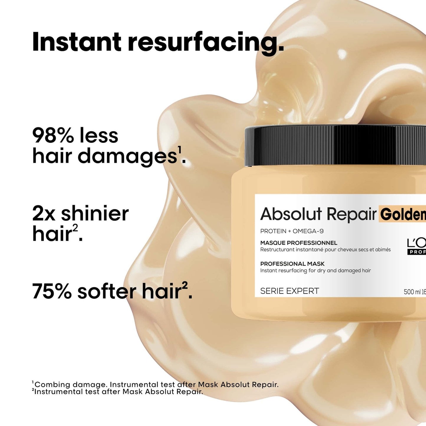 L'Oréal Professionnel Absolut Repair Shampoo — official claim card: 98% less hair damage, 2x shinier hair, 75% softer hair