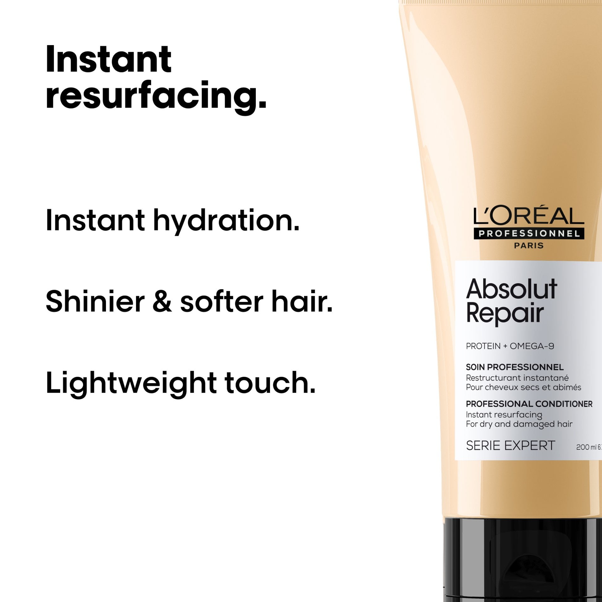 L'Oréal Professionnel Absolut Repair Shampoo & Conditioner Duo — official claim card: instant hydration, shinier and softer hair, lightweight touch