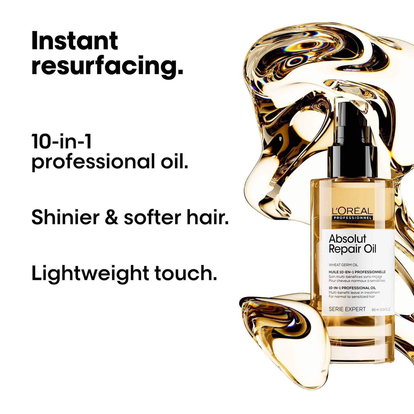 L'Oréal Professionnel Absolut Repair 10-in-1 Perfecting Oil — official claim card: instant resurfacing, shinier and softer hair, lightweight touch