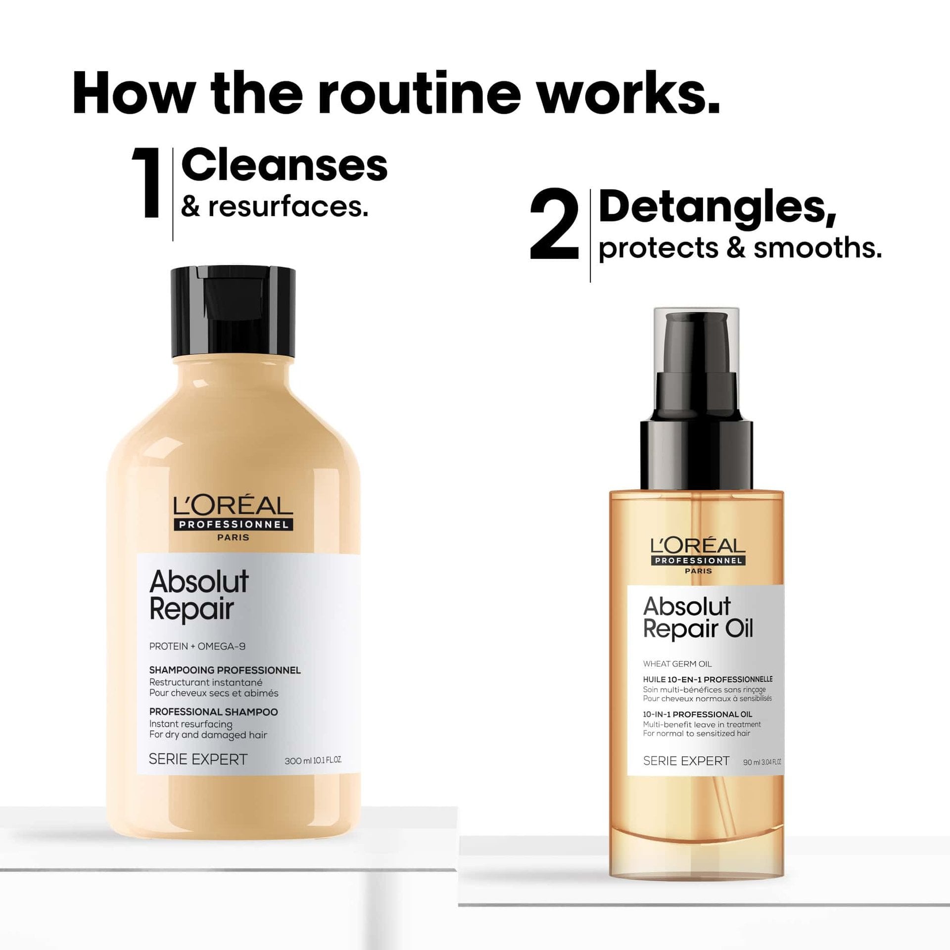 L'Oréal Professionnel Absolut Repair 10-in-1 Perfecting Oil — official two-step routine: cleanse and resurface, then detangle, protect and smooth