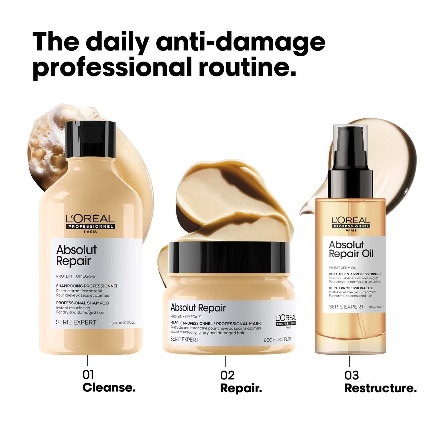 L'Oréal Professionnel Absolut Repair 10-in-1 Perfecting Oil — official daily anti-damage professional routine: cleanse, repair, restructure
