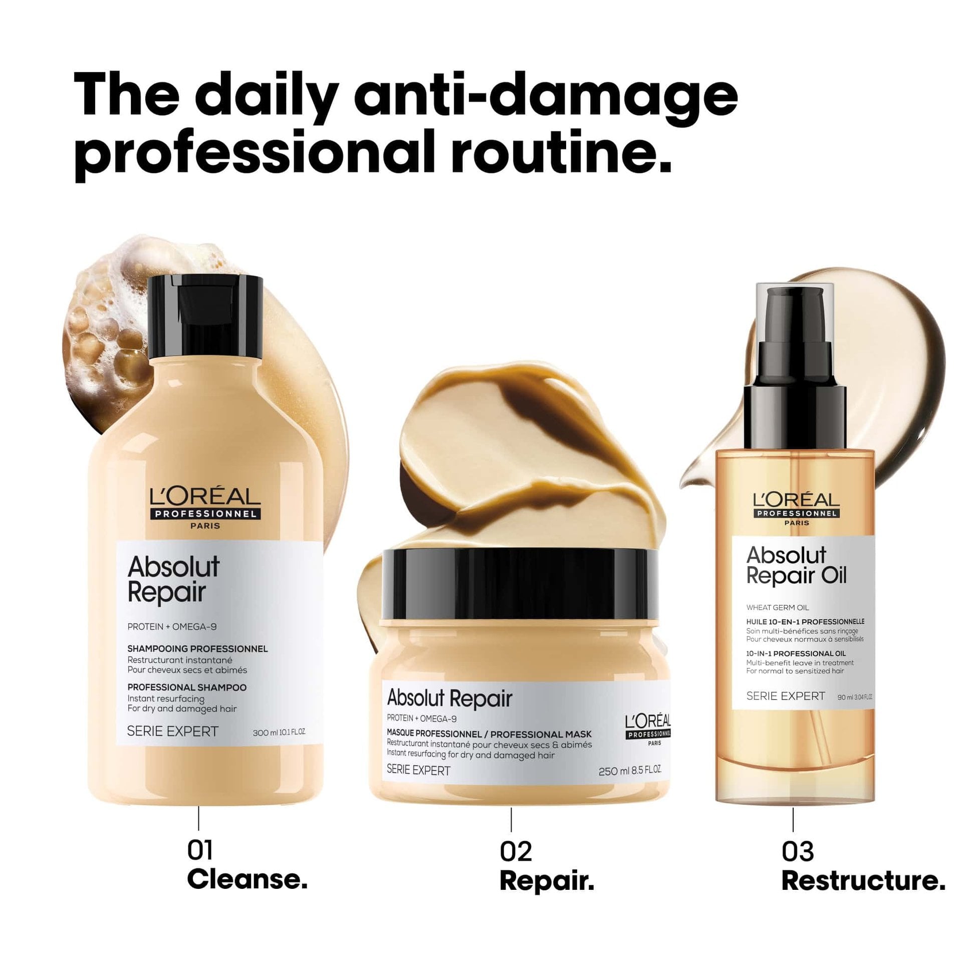 L'Oréal Professionnel Absolut Repair 10-in-1 Perfecting Oil — official daily anti-damage professional routine: cleanse, repair, restructure