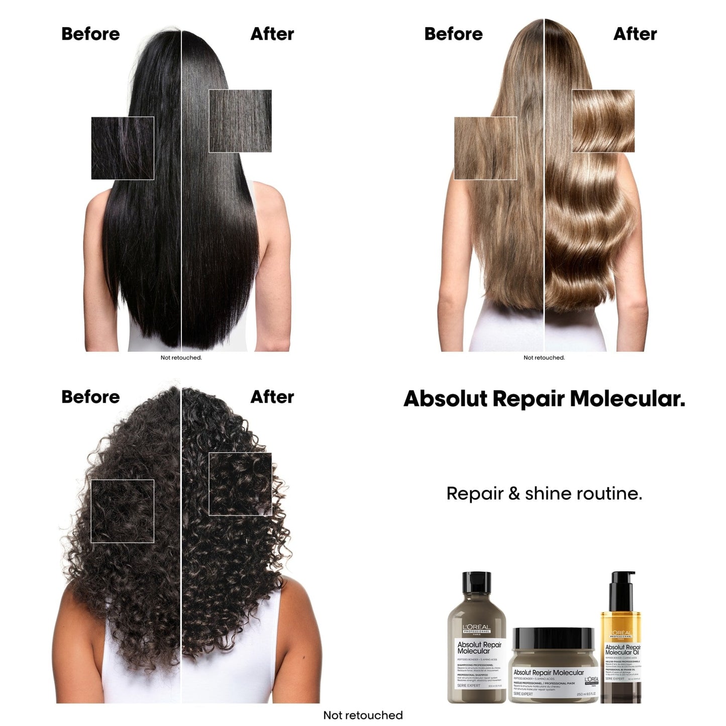 L'Oréal Professionnel Absolut Repair Molecular Bi-Phase Dual Oil — official claim card: repairs 2 years of damage in one use, 100h shine, 3-day frizz control