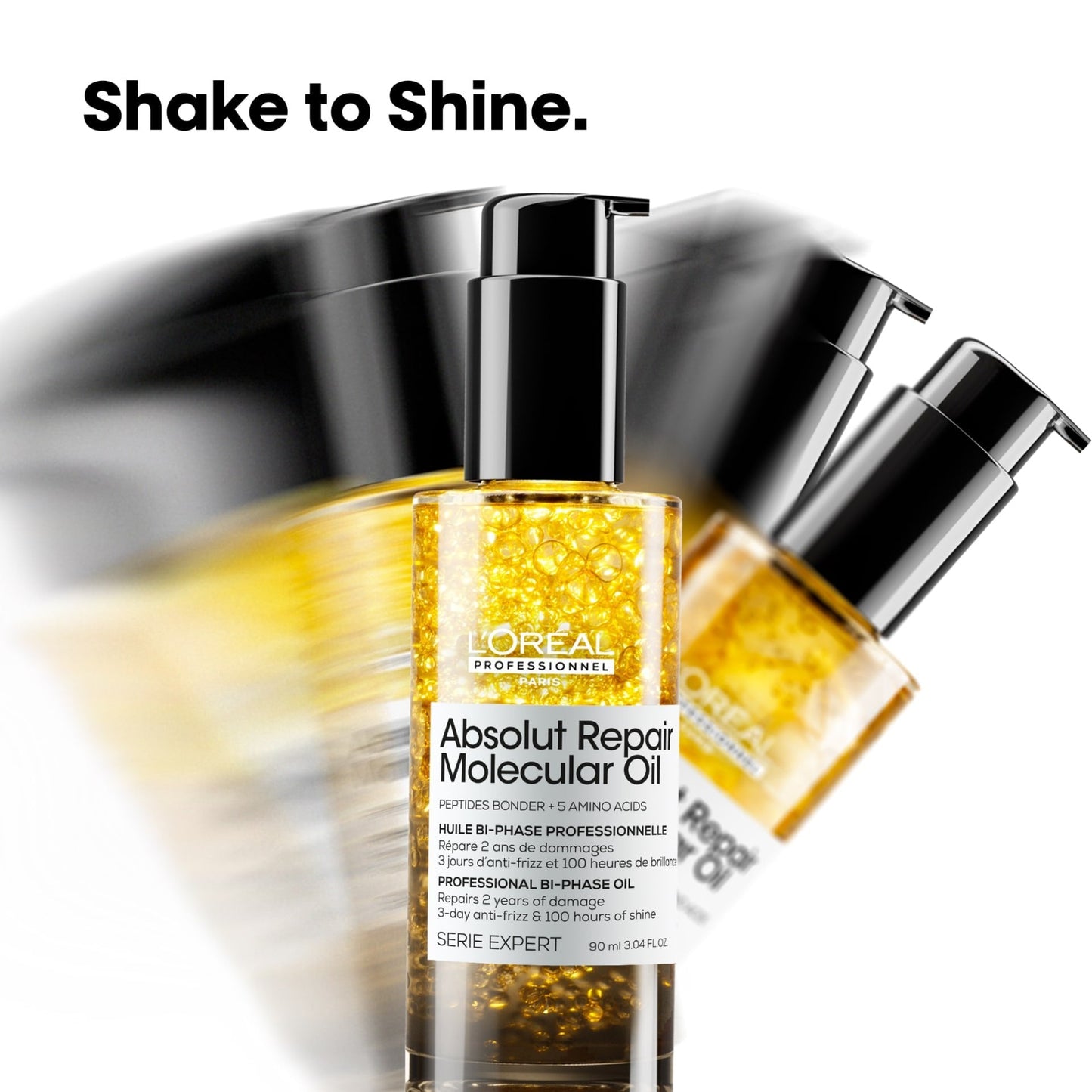 L'Oréal Professionnel Absolut Repair Molecular Bi-Phase Dual Oil — official technology card: 1% peptides bonder plus 5 amino acids, two-phase aqueous and concentrated oil formula