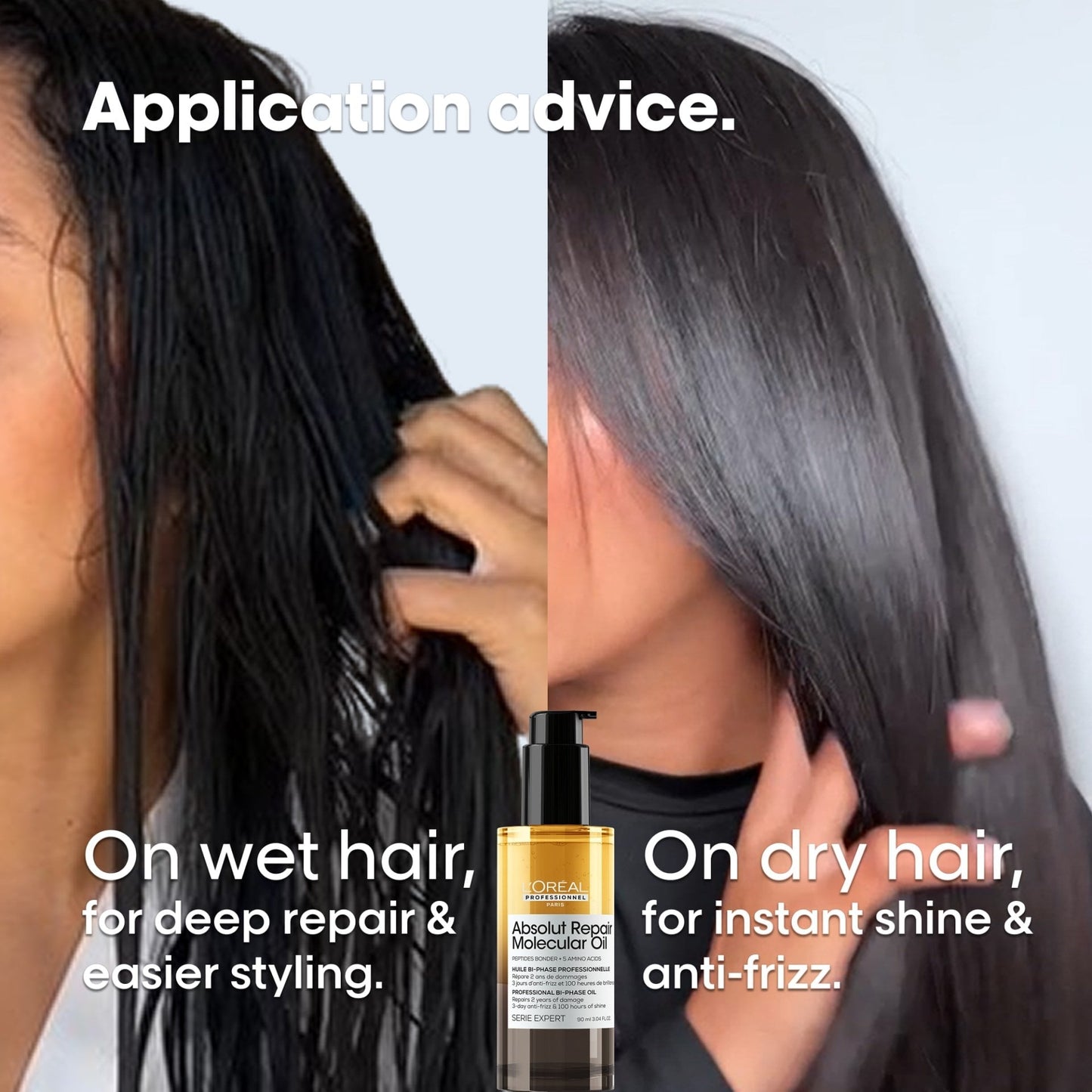 L'Oréal Professionnel Absolut Repair Molecular Bi-Phase Dual Oil — official shake-to-shine shot of the 90 ml bottle in motion