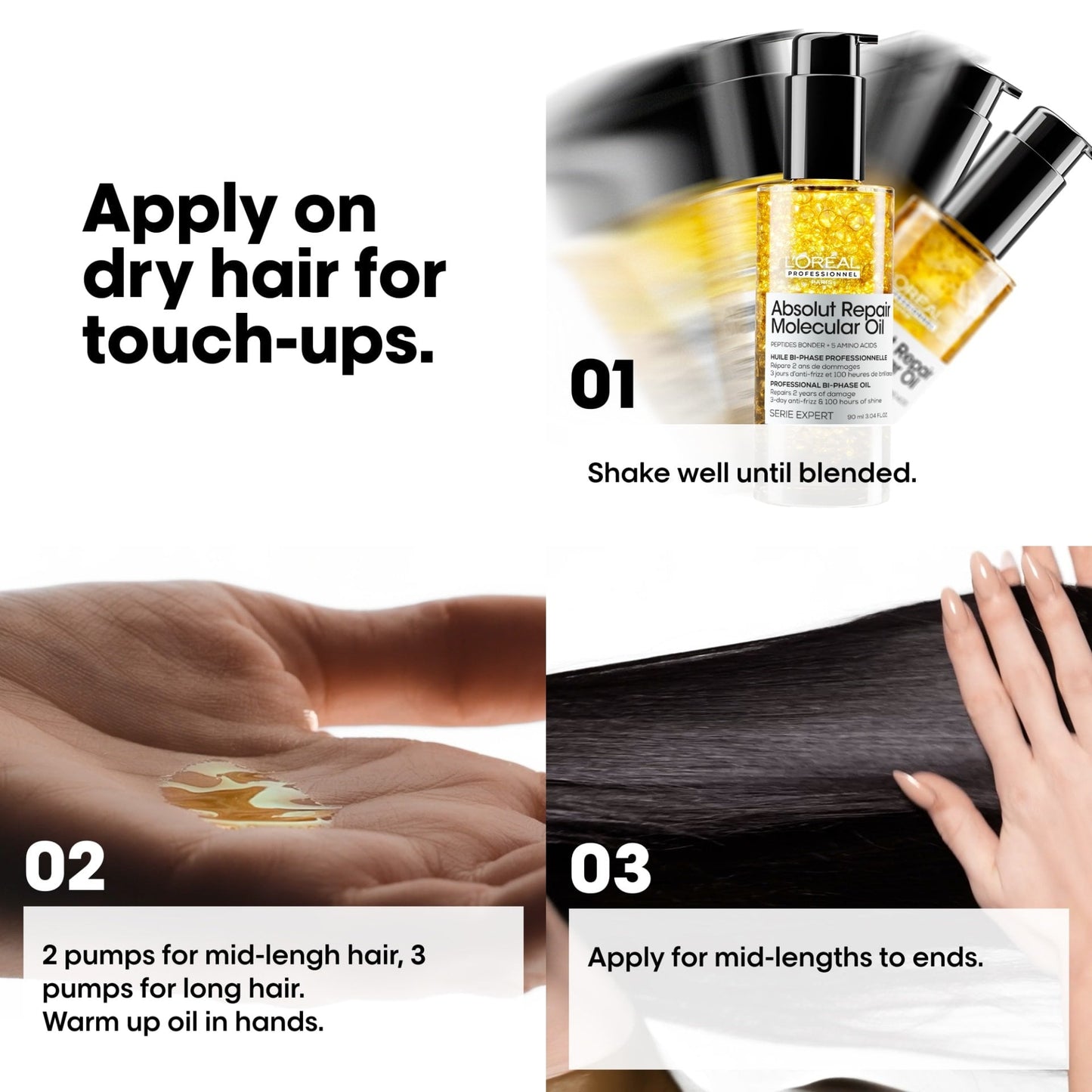 L'Oréal Professionnel Absolut Repair Molecular Bi-Phase Dual Oil — official three-step how-to-use guide for the 90 ml pump bottle