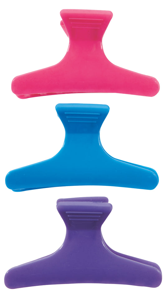 3" salon sectioning butterfly clamps, 12 per box — three clamps stacked in pink, blue and purple on white