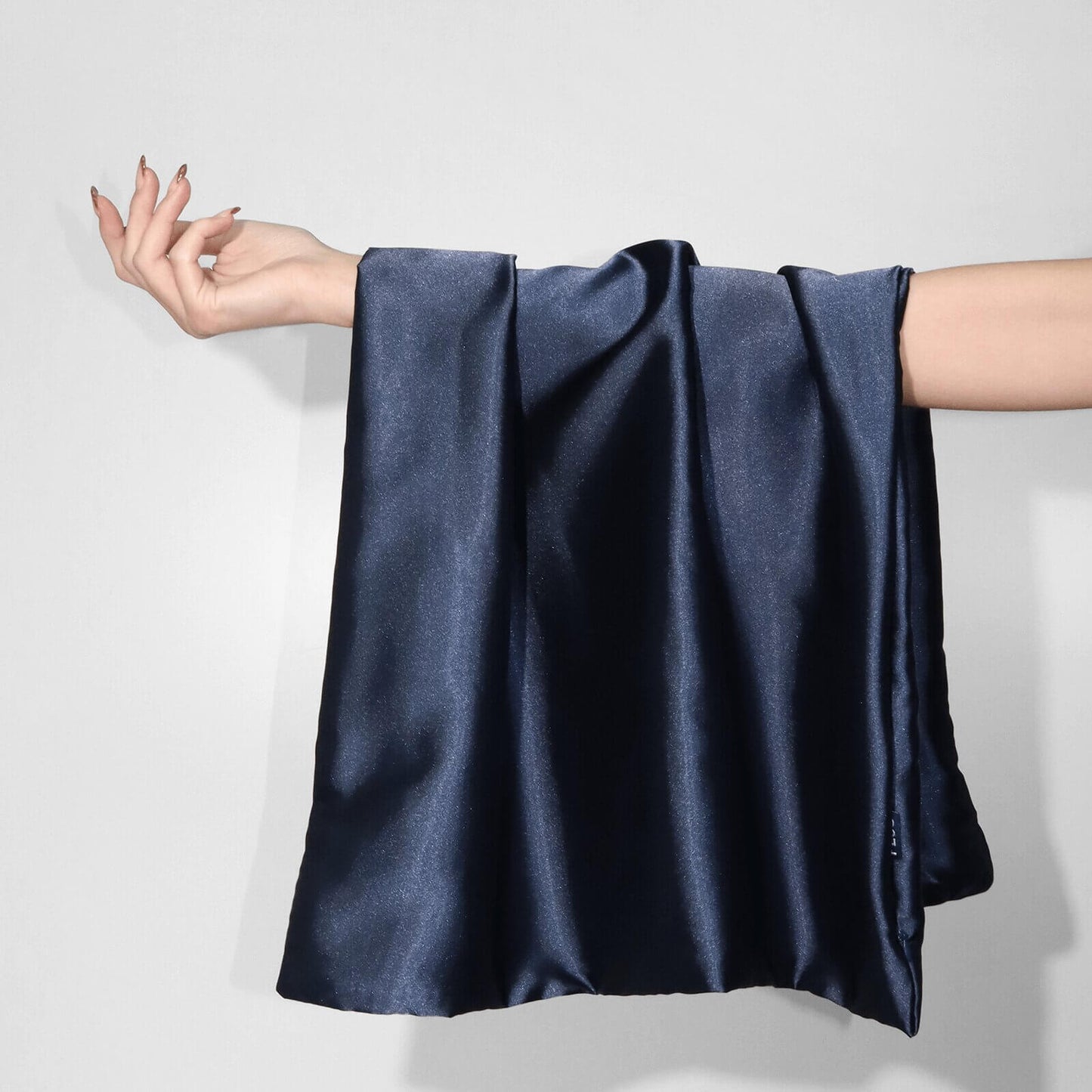 Plug By Must52 Satin Pillowcase — Midnight Blue satin pillowcase held open, showing the full queen panel